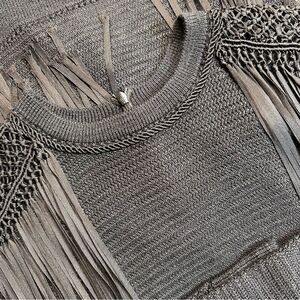 Ralph Lauren Collection Black Silk Hand Knit Fringe Trimmed Long Sleeve Sweater